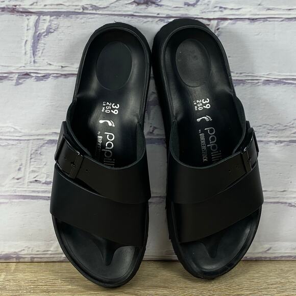 Papillio Birkenstock Almina Black Platform Sandals Women's 39 US 8 Leather Slide - Picture 6 of 9